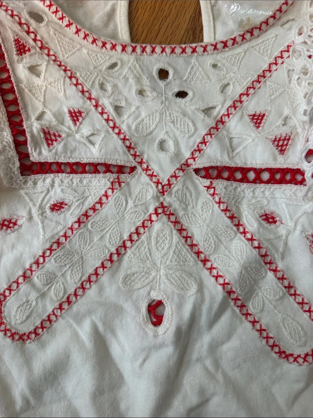 White Embroidered Puff-Sleeve Top with Red Accents by Anthropologie